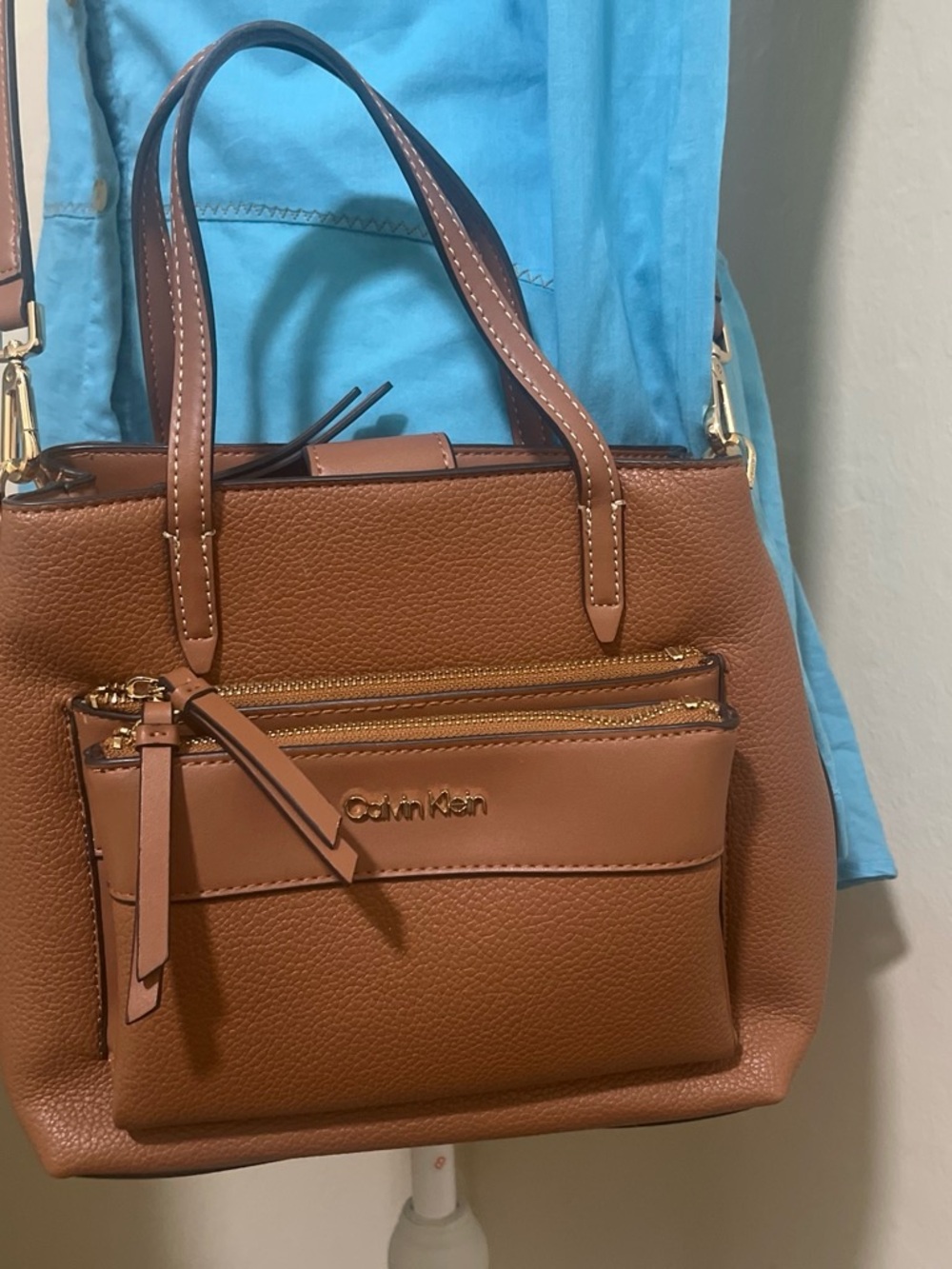 Calvin Klein Tan Pebbled Leather Satchel with Front Zip Pocket
